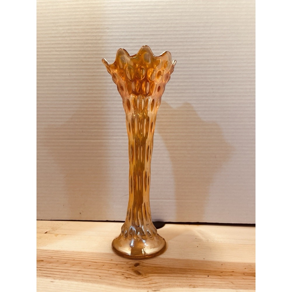 VTG 11" Tall Fenton "April Showers" Marigold Carnival Glass Ruffled Vase Hobnail